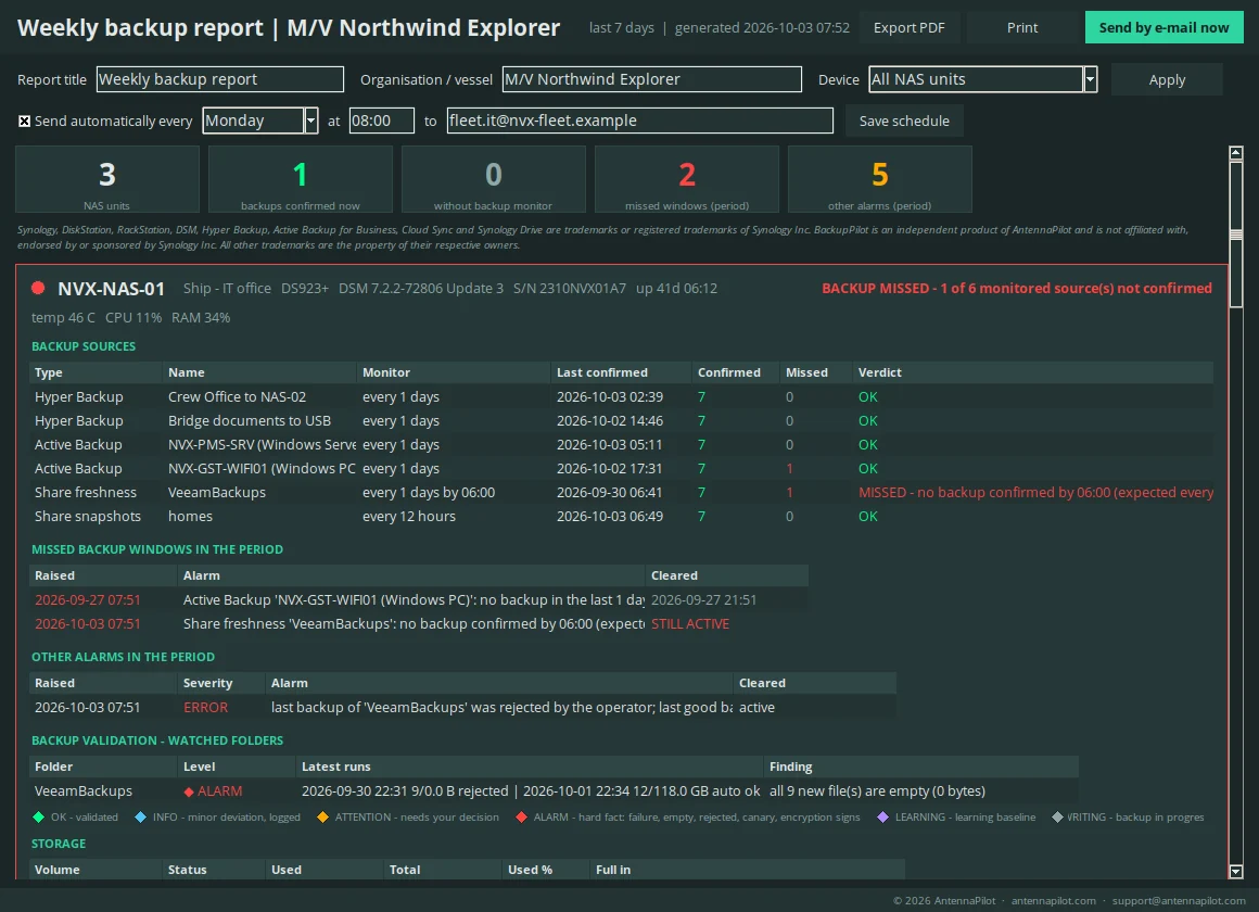 Backup report on screen with a card per NAS