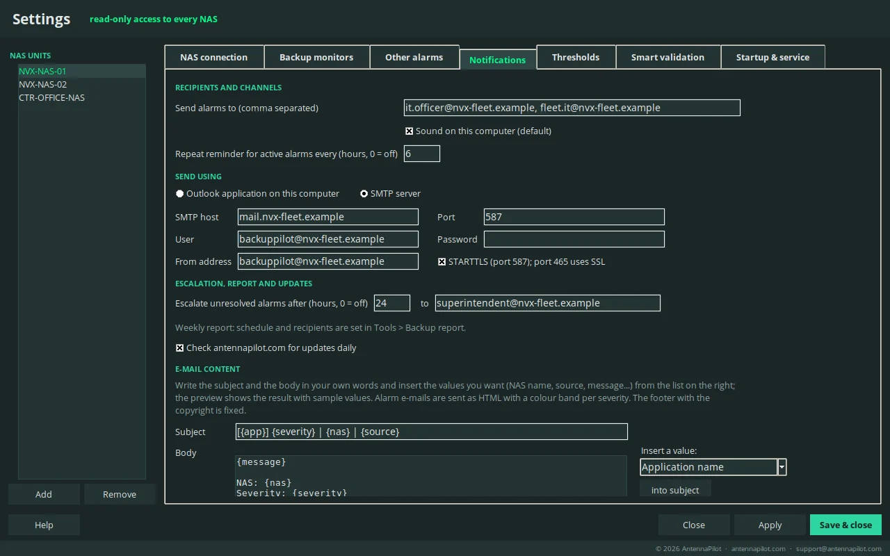 Notifications tab with recipients, SMTP settings, reminder, escalation and templates