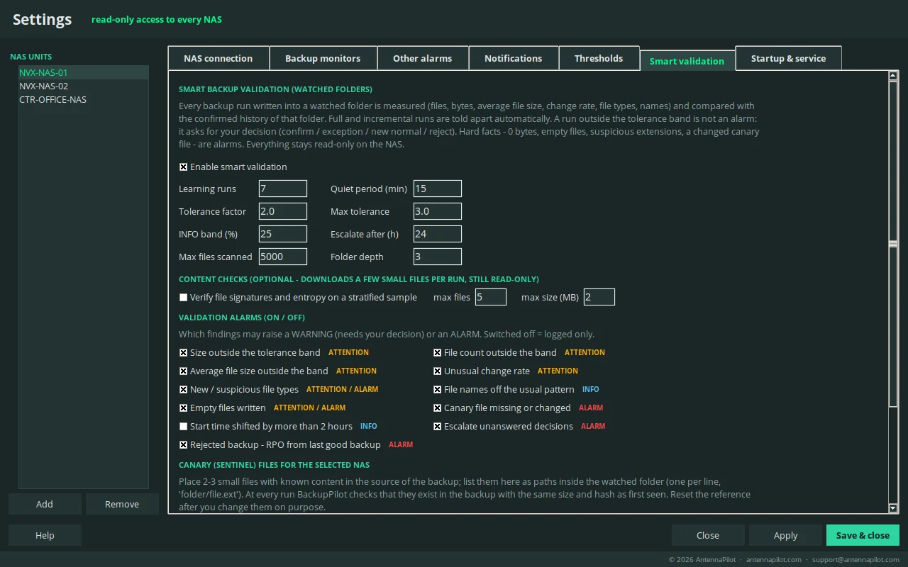 Smart validation settings with tolerance, learning runs and the validation alarms