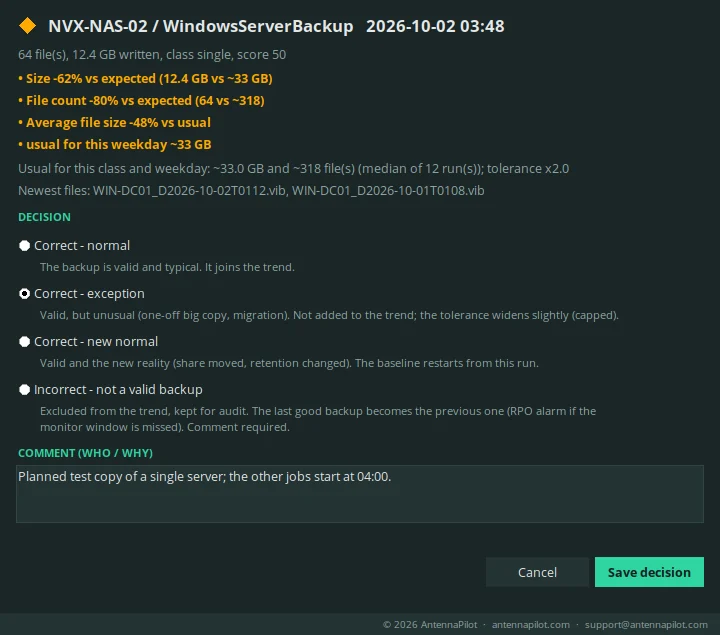 Decision window with four verdicts and a comment field
