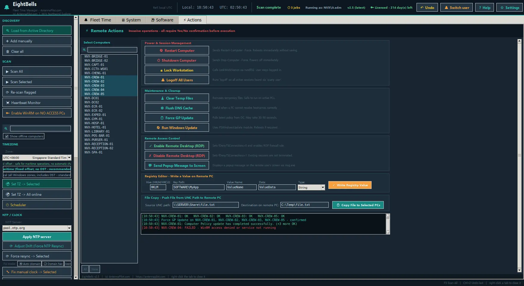 Remote Actions with power, maintenance, RDP, registry and file copy