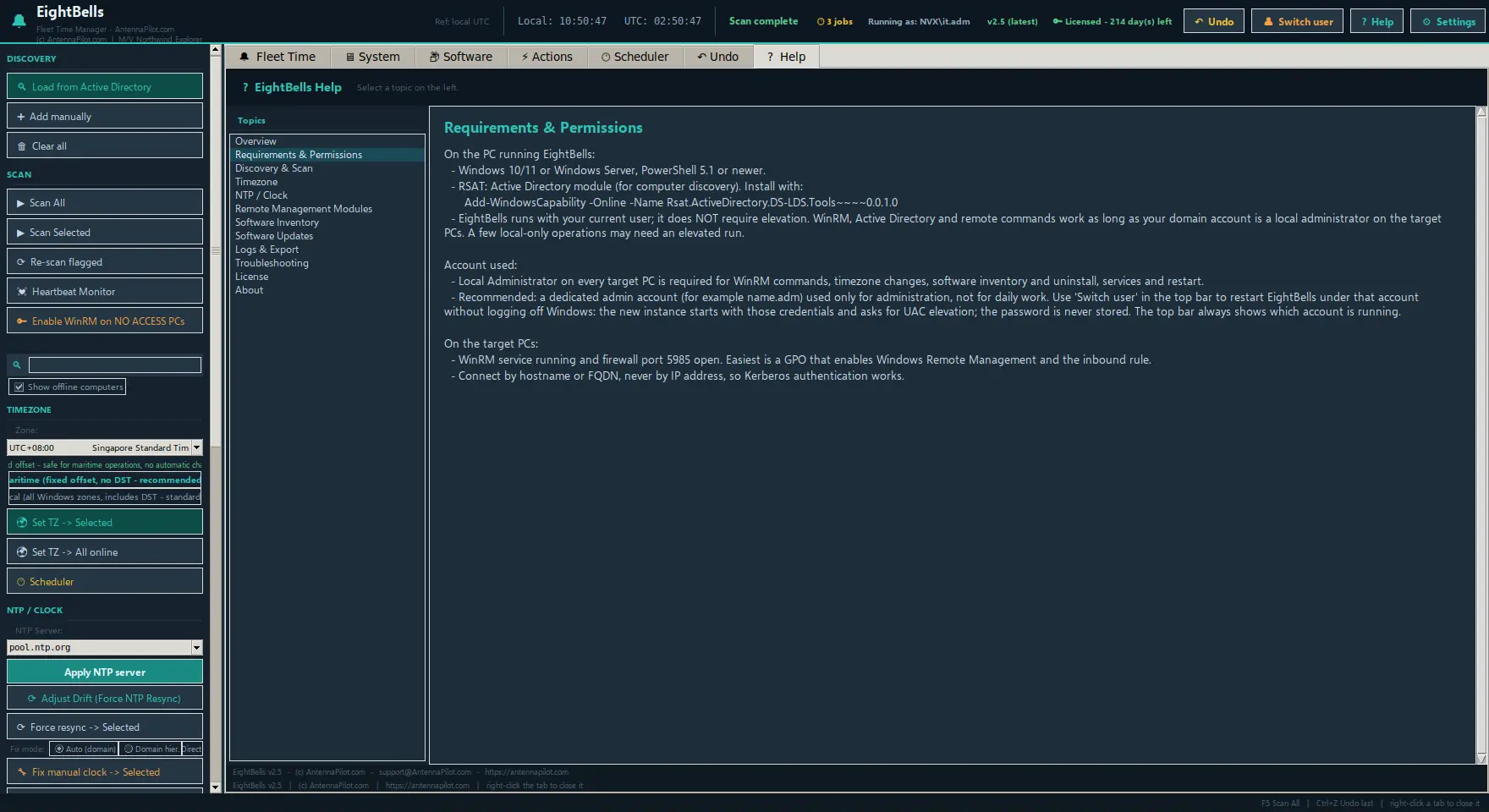 Built-in Help with chapters for requirements, discovery, timezone, NTP and troubleshooting