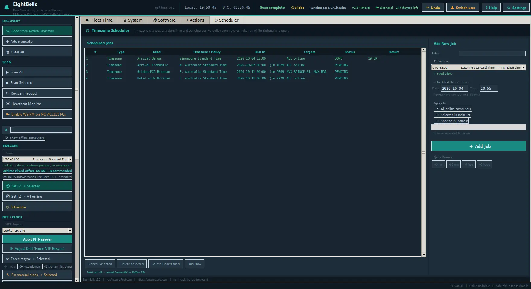 Timezone Scheduler with clock changes queued for the next ports