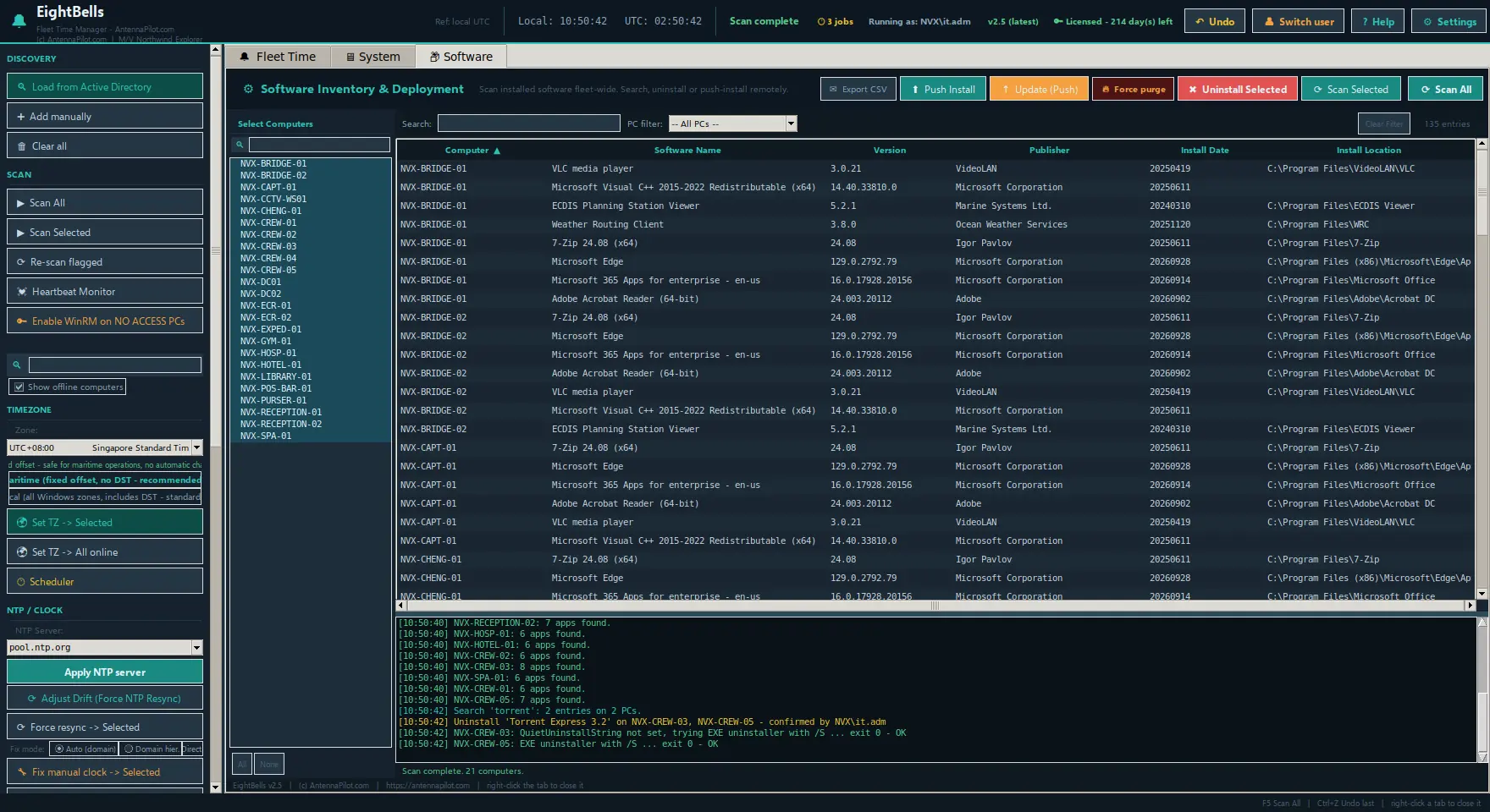 Software Inventory with installed programs from 21 PCs and the uninstall log