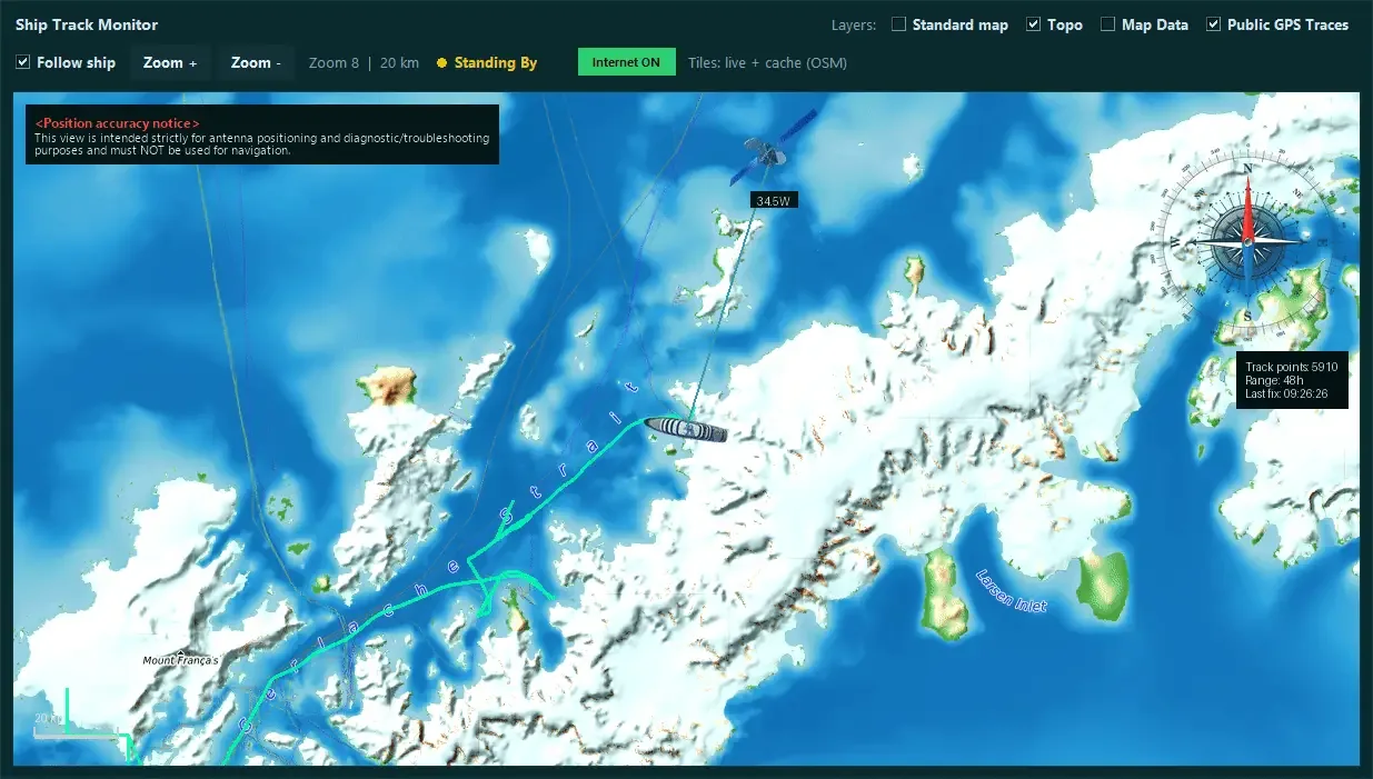 AntennaPilot map with vessel and satellite positions