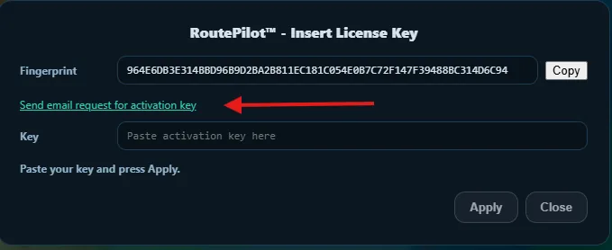 RoutePilot licence key window with the hardware fingerprint