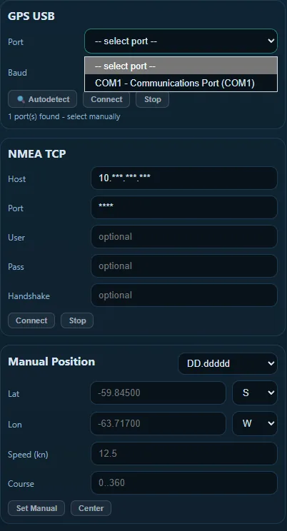 RoutePilot NMEA connection panel