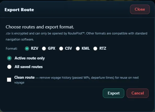 RoutePilot route export window with the available formats