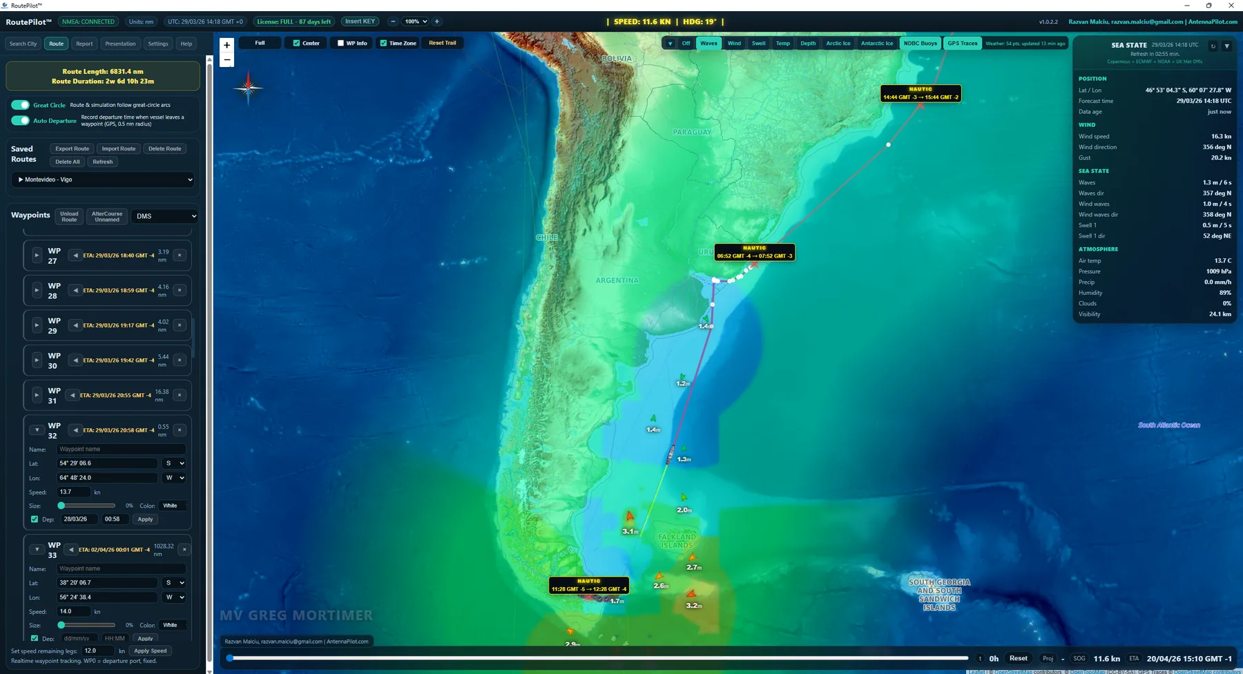 RoutePilot chart with a planned route, waypoints and ETA