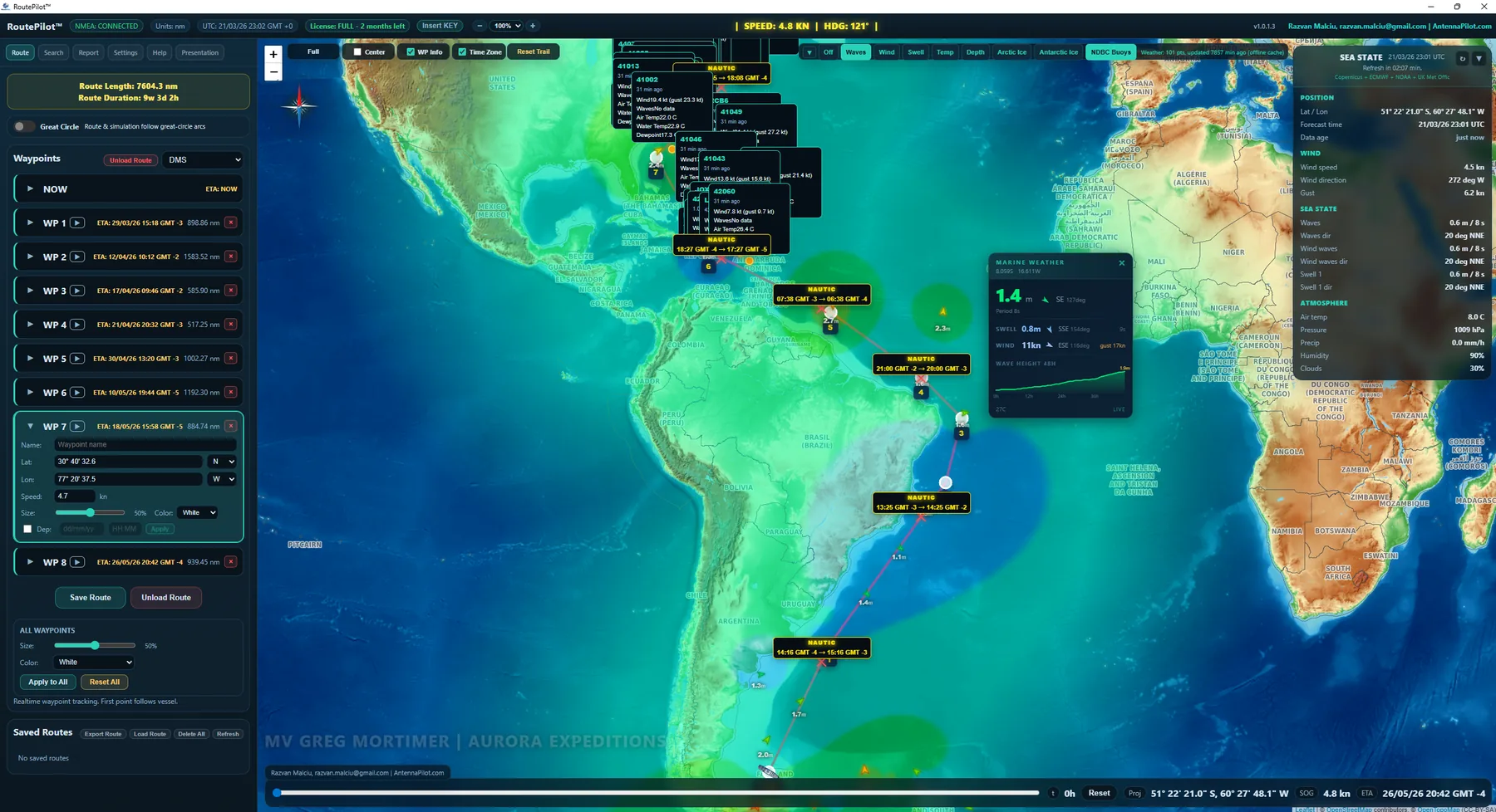 RoutePilot weather overlay along the planned route