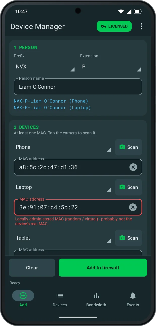Add screen on Android with name preview and a random MAC warning