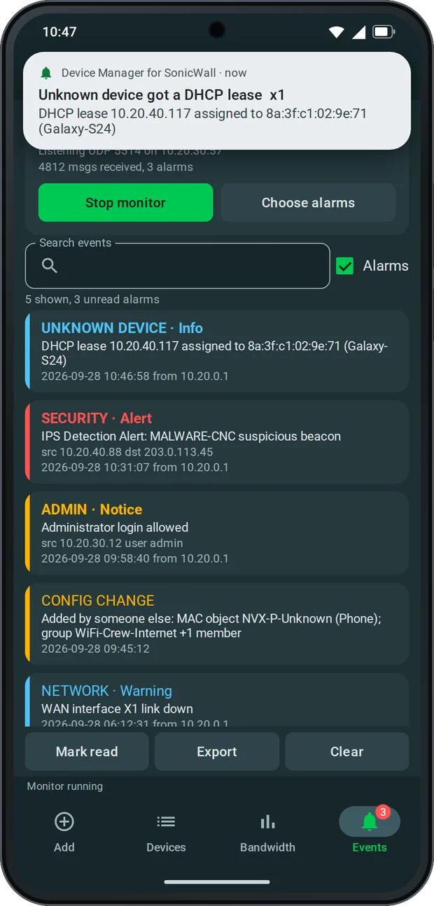 Android Events screen with firewall alarms and an unknown device notification