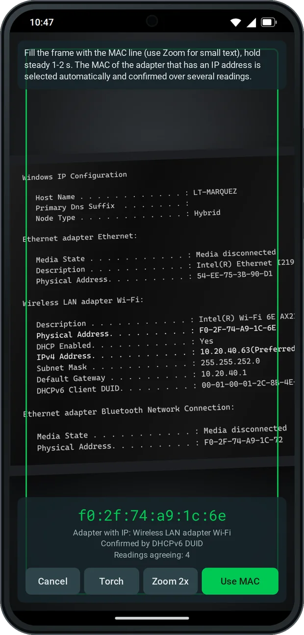 Scanning a MAC address from ipconfig with the phone camera