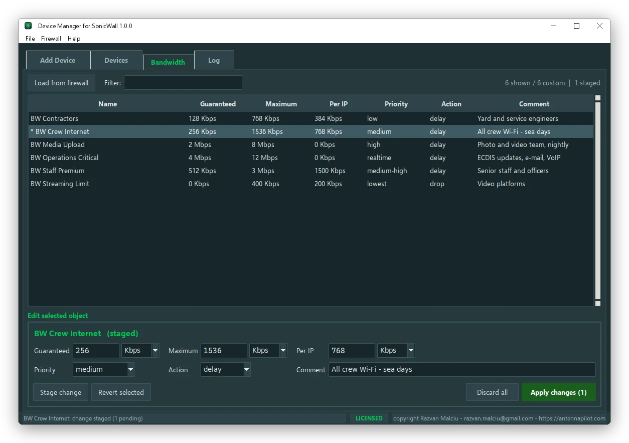 Bandwidth objects on Windows with a staged change
