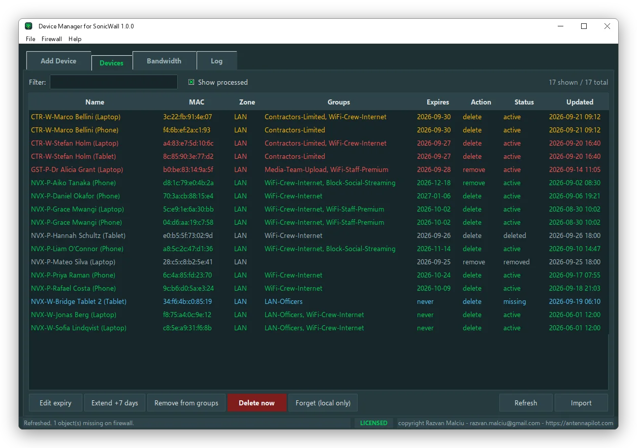 Device list on Windows coloured by status