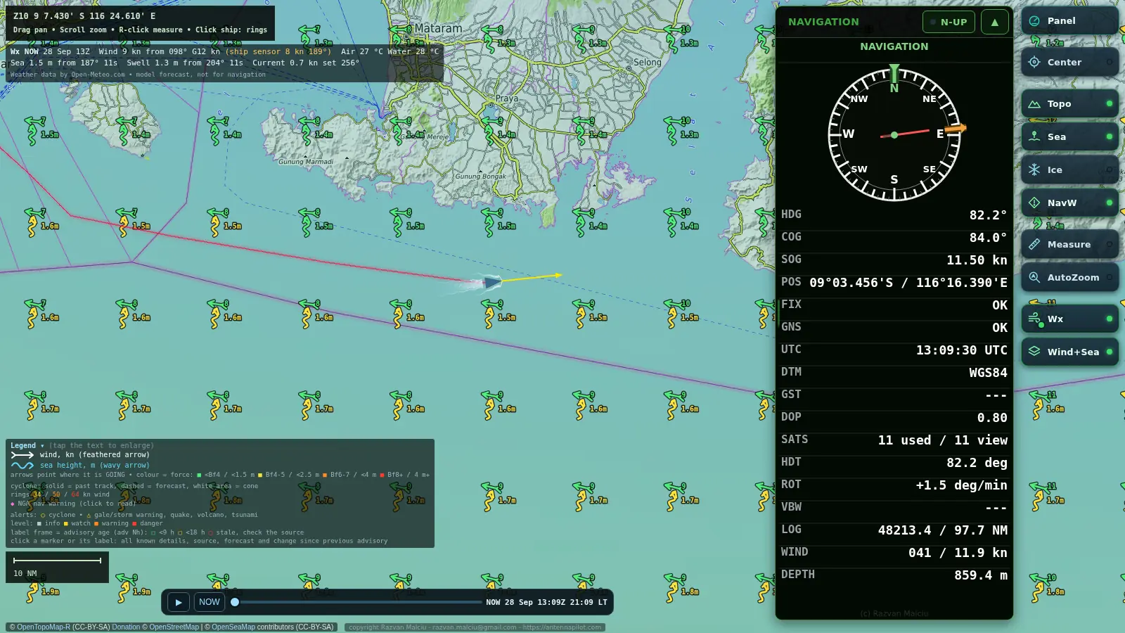 Wakeline chart south of Lombok with forecast wind and waves