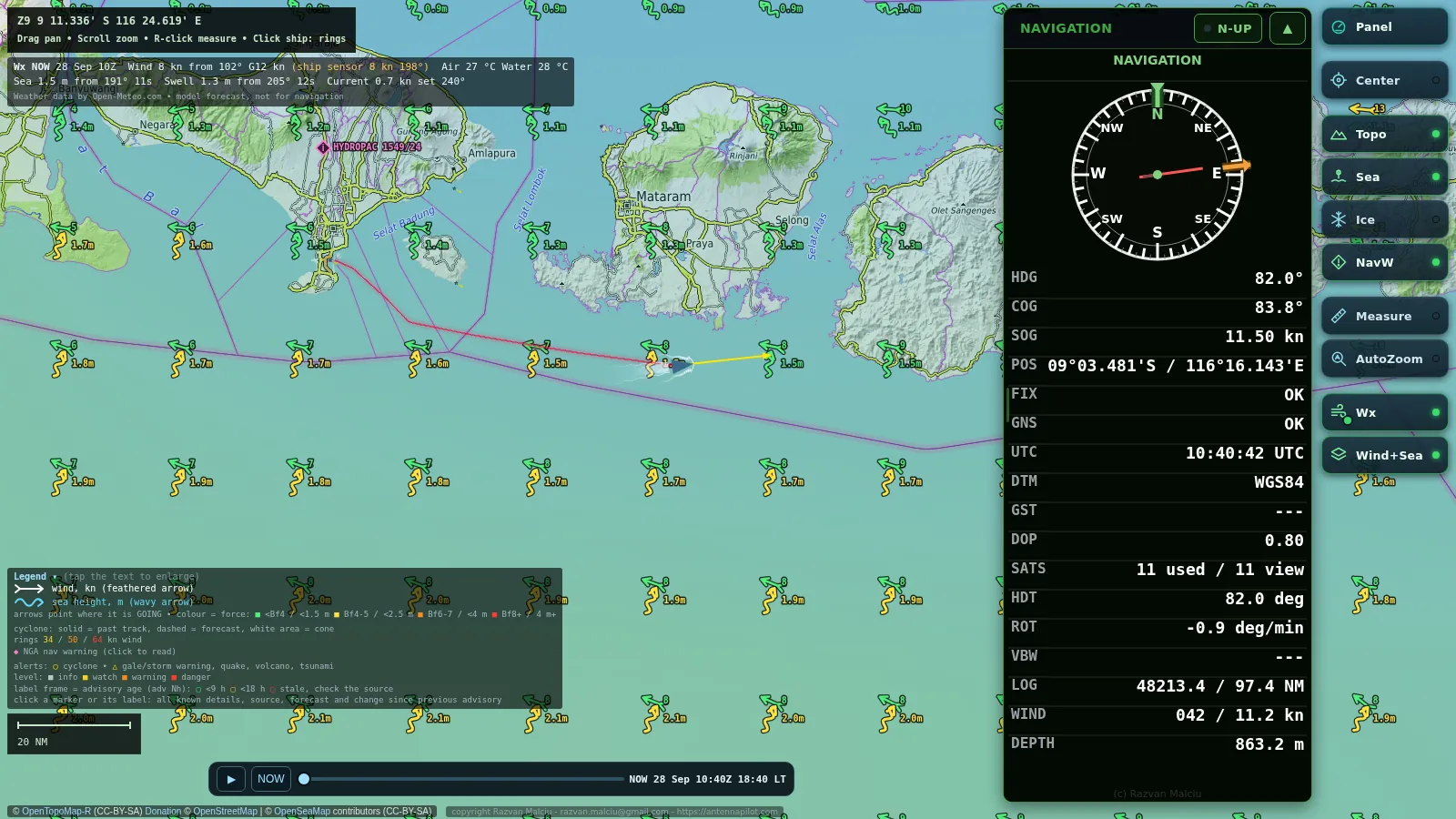 Wakeline chart of Bali, Lombok and Sumbawa with the ship, its wake, wind and wave arrows and the navigation card