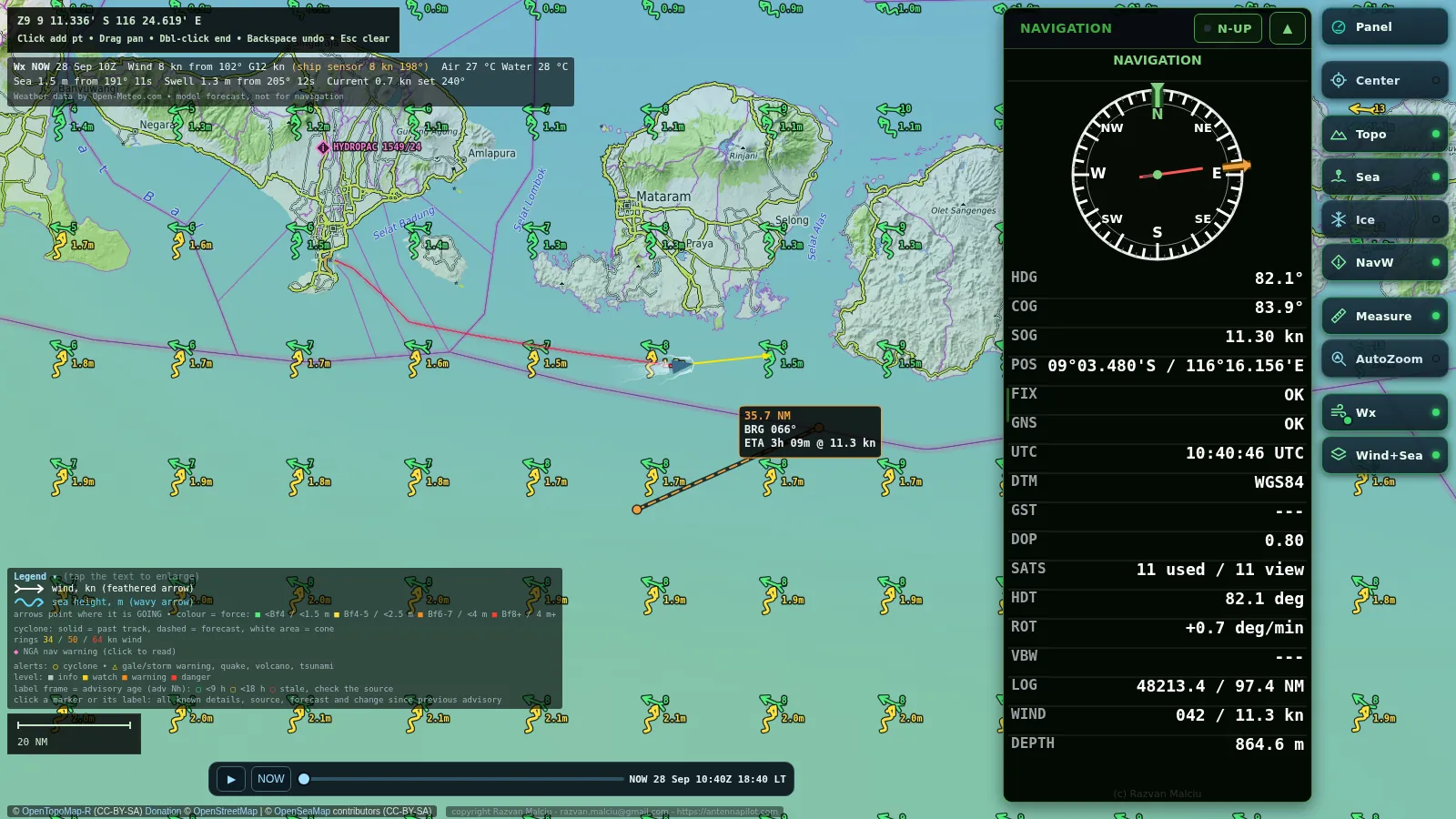Wakeline measuring tool showing distance, bearing and ETA