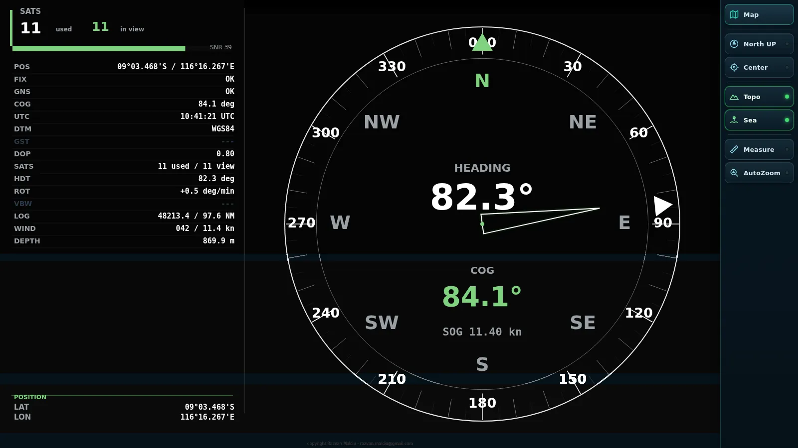 Wakeline navigation panel with compass, heading, course and speed
