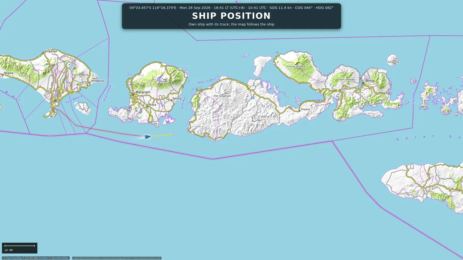 Wakeline TV channel: ship position between Bali and Sumbawa